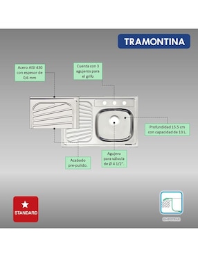 Tarja de acero inoxidable Tramontina con escurridor izquierdo 93849535