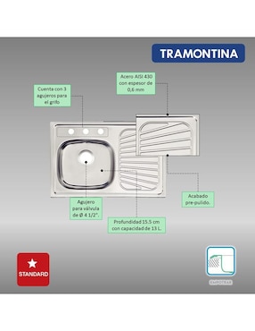 Tarja de acero inoxidable Tramontina con escurridor derecho 93848535