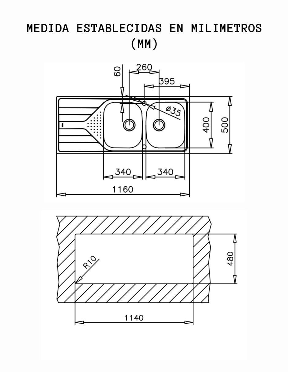 Tarja de acero inoxidable con escurridor derecho Mod 01